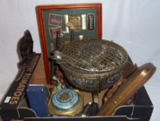 Cut glass rose bowl in metal stand, sel. S.P cutlery, pr sm. wooden tribal heads, glove box etc.