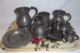 Sel. pewter tankards inc. Sanders & Sons London, candle holder & 2 Continental pewter dishes