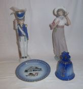 Lladro soldier, Nao figure of girl with flowers & Bing and Grondahl plate  & 1977 bell