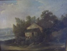 Gilt framed oil on canvas depicting Continental lakeside scene size approx. 41cm x 30cm