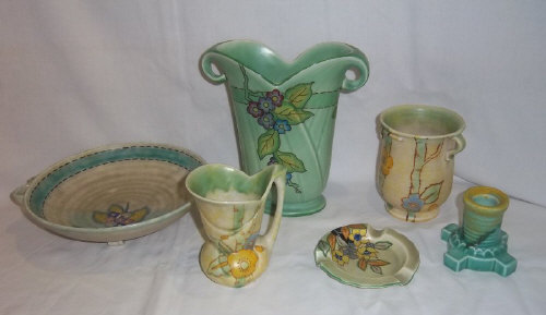 Sel. Crown Devon decorative vases, candlestick, dish etc.