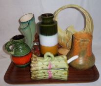 Beswick basket, Roskyl Pottery ribbed vase, asparagus lidded pot, 2 West German glazed vases etc.