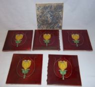 Set 5 tiles on red ground with yellow tulip & blue & white tile