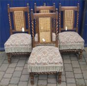 Set of 4 Jacobean style oak dining chairs with cane backs & upholstered seats
