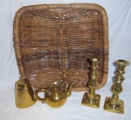 Pr brass candlesticks, brass bell, brass teapot & wicker tray/basket