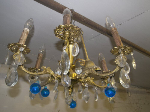Gilt metal chandelier with clear glass droplets & blue glass baubles