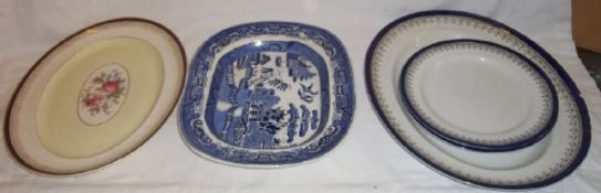 Royal Doulton "Belmont" meat plate & 2 dinner plates, Johnson Bros meat plate & Willow patt. meat