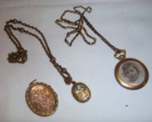 9ct gold locket, 9ct gold double sided locket on fancy chain & mourning locket with remains of