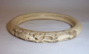 Carved ivory bangle with koi carp & lobster dec.