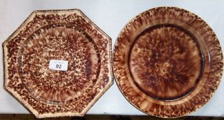 18th c. Whieldon brown mottled octagonal plate & similar round plate