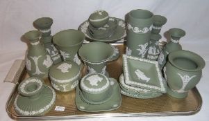 Sel. Wedgwood green jasperware inc. vases, candlesticks, pin dishes, sm. comport etc.