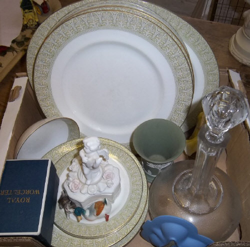 Sel. Royal Doulton 'Sonnett' plates, Wedgwood jasper ware, glass decanter, Royal Worcester egg