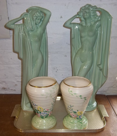 2 lg. ceramic Art Deco style figurines & pr Price Bros vases with floral dec.
