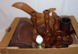 Sel. wooden ornaments inc. candlesticks, pot pourri pot, tri-form dish in the form of a leaf, wall