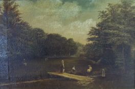 Gilt framed oil on canvas depicting Victorian children playing by the river size approx. 36cm x 23.