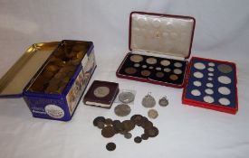 Tin of coins inc. George III mounted shilling & half crown & part set George VI Coronation set