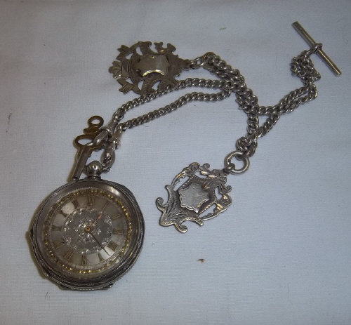 Vict. open face pocket watch with engraved case & engine turned dial (case stamped 935) on silver