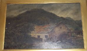 Gilt framed oil on canvas depicting mountainous landscape with watermill in the foreground size