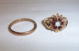 9ct gold band & 9ct gold flower ring set with rubies & opal