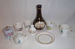 Bottle vase on blue ground with painted scene & gilt dec. in the Coalport style, 3 Shelley mugs,