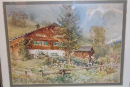 Framed watercolour depicting Continental cottage in the hills signed E.E Morris size approx.