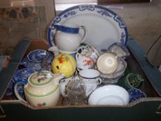 Sel. misc. ceramics inc. T.G. Green jug, meat plate, comm. cups & saucers, glass rolling pin,