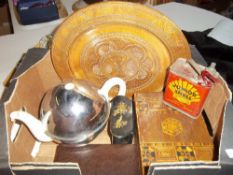 Insulated teapot, Junior Shell petrol can, inlaid box, bakelite box etc.