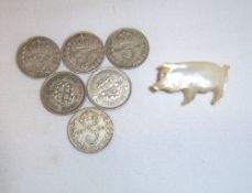 Mother of pearl pig & 6 silver 3p pieces