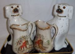 Pr Staffordshire dogs with glass eyes & pr Lockhart & Co "Innocence" jugs