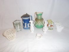 Sel. 19th c. ceramics inc. jug with pewter lid, pr glass wicker effect baskets etc.