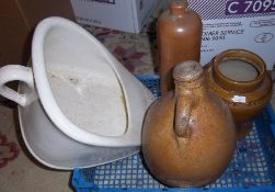 Stoneware jar, flagon & bottle & slipper bed pan