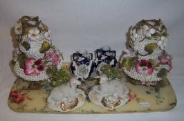 Pr vases with applied flower dec., pr gold anchor sheep with bocage backs & pr sm. urn shaped