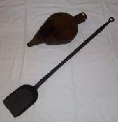 Pr wooden bellows & iron long handled shovel