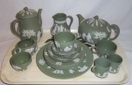 Sel. Wedgwood green jasperware inc. teapot, coffee pot, milk jug, sugar bowl, tea cups, coffee cans,