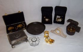 Sm. cased set scales & weights, Black Forest type bear and bowl, sel. miniature clocks inc.