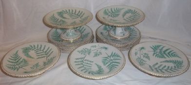 Set 12 plates & 5 comports with fern leaf dec. & scalloped gilt borders