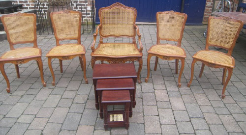 Set of 4 Bergere style dining chairs & 1 carver (not matching) and nest of tables
