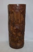 Chinese bamboo cylindrical pot carved with Chinese gentlemen in woodland