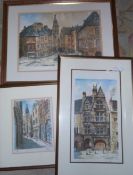 3 framed hand-coloured French prints