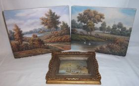 2 unframed oils on canvas depicting landscape scenes & framed oil on canvas depicting seascape