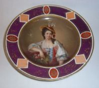 Vienna style porcelain cabinet plate decorated centrally with a lady, within a purple & gilt border,