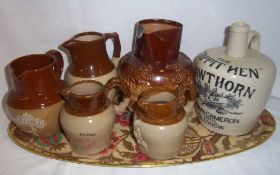 Doulton Lambeth style stoneware jug with applied dec., glazed flagon `The Tappit Hen` Hawthorn