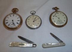 Gold plated pocket watch, Elgin gold plated pocket watch & 1 other & 2 mother of pearl fruit