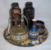 Sm. Royal Doulton pot with tube lined dec., Villeroy & Boch pot with S.P lid and cover, miniature