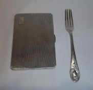 Silver cigarette box Chester 1946 & silver fork Lon. 1874 wt approx. 6.9oz