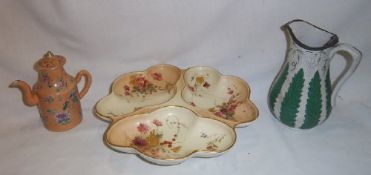 Royal Worcester blush ivory tri-form dish with hand-painted floriate dec., earthenware jug with