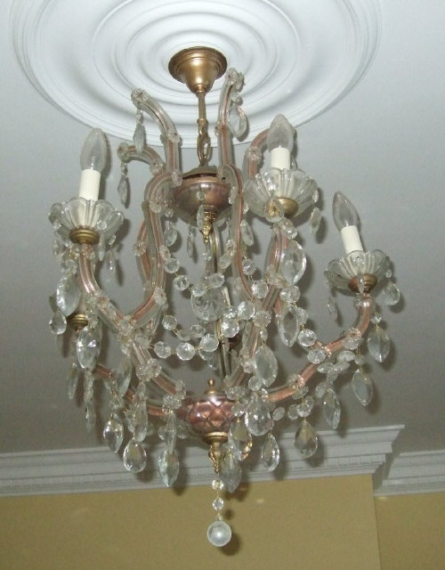 4 branch chandelier with glass arms, cut glass droplets & swags