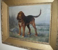 Gilt framed oil on canvas depicting a hound signed E. Rushworth 1918 size approx. 33.5cm x 26cm