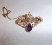 15ct gold amethyst & seed pearl set brooch/pendant