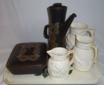 Denby `Arabesque` coffee pot & lidded dish, 3 graduated jugs with moulded relief patt. of deer in